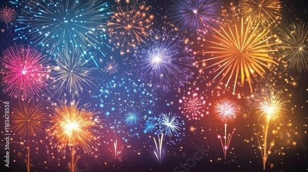 Fototapeta Vivid fireworks burst in a colorful display, lighting up the night sky with brilliant patterns and shimmering lights during a festive summer event.