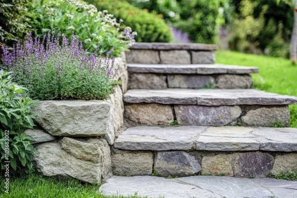 Fototapeta Garden features stone steps and a retaining wall