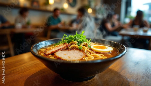 Fototapeta A steaming bowl of ramen with tender pork, soft-boiled egg, and fresh toppings on a cozy restaurant table.