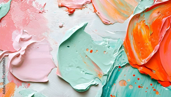 Obraz An abstract oil painting featuring mint green, pink, and orange shapes on an ombre background, captured in close-up. 