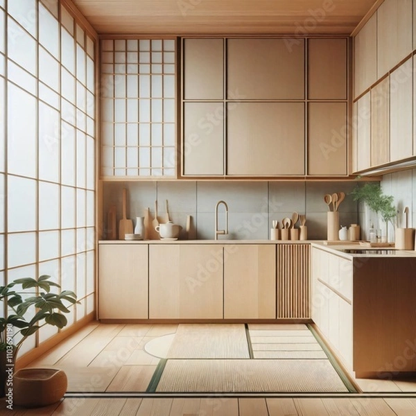 Fototapeta Kitchen interior with window and open shelves in Japandi and wabi sabi style.