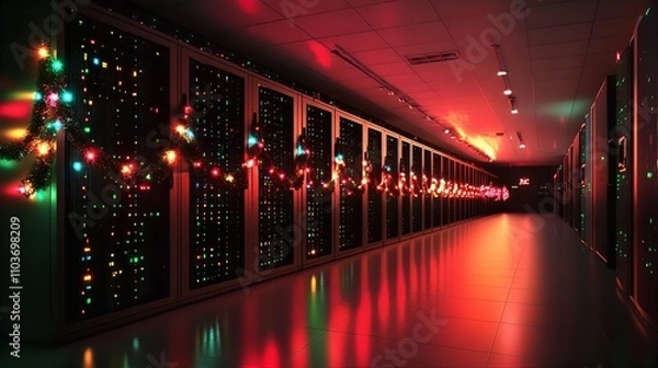 Obraz Festive Data Center: Christmas Lights Adorn Server Racks