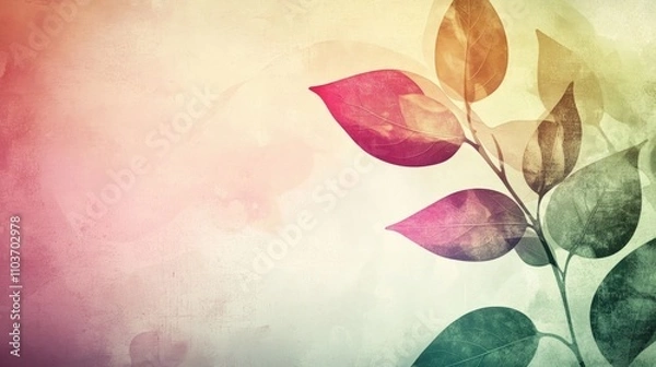 Fototapeta Vibrant spring-themed abstract background featuring soft hues and vintage-inspired leafy motifs evoking a sense of renewal and tranquility.