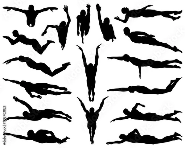 Obraz Black silhouettes of swimmers on a white background	
