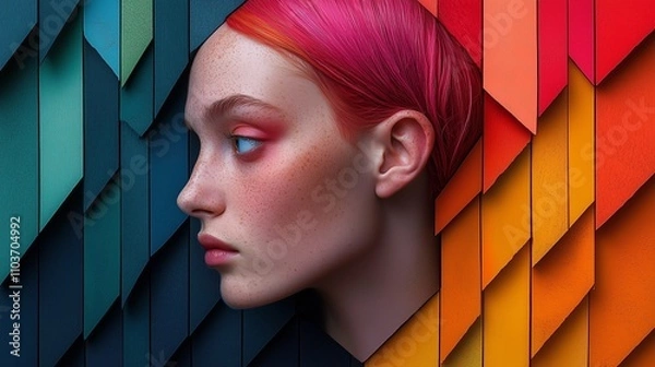 Obraz portrait of a person with pink and red hair standing on a background of rainbow wooden boards
