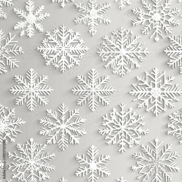 Fototapeta Beautifully intricate white snowflakes on a soft gray background, creating a serene winter atmosphere.
