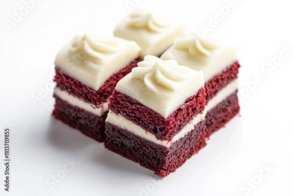Fototapeta Red velvet brownies filled and layered with cream cheese frosting on a white surface