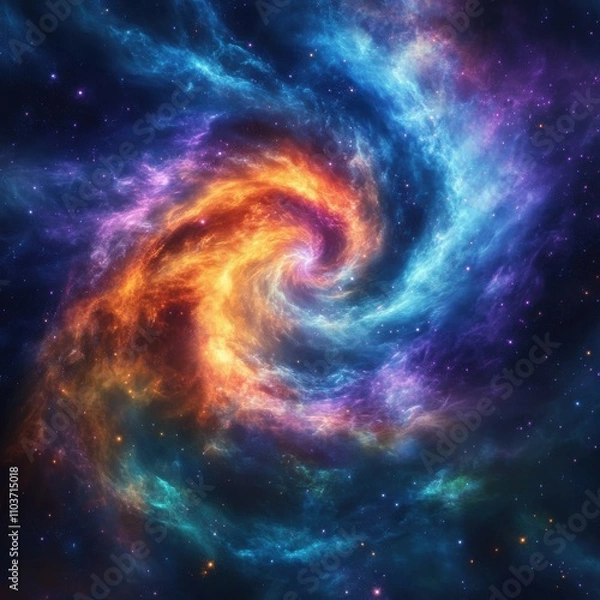 Fototapeta A mesmerizing galaxy swirl showcasing vibrant colors of orange, blue, and purple, embodying the beauty of the universe.