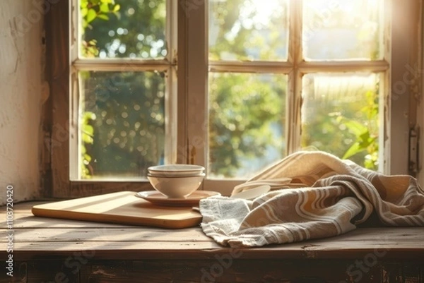 Fototapeta Kitchen towels and dishes on a table by a window