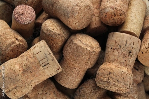 Obraz A close-up of a pile of used champagne corks. The warm, natural tones and textured surface of the corks create a rustic and inviting atmosphere. Concept of celebration, party, wine, and luxury