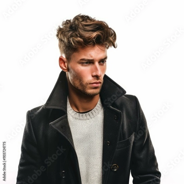 Fototapeta Handsome male model wearing black coat posing on white background