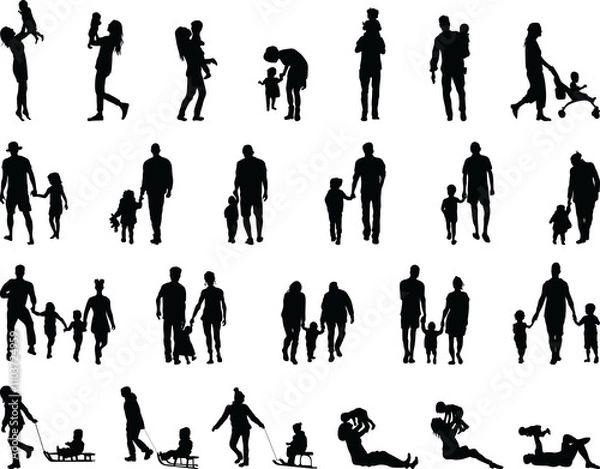 Obraz Silhouettes of families at walking and game 