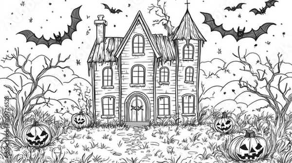 Fototapeta Coloring page of Spooky Halloween Haunted House Surrounded by Bats and Jack-o'-Lanterns in a Creepy Graveyard Setting for Trick-or-Treating or Fall Festivities