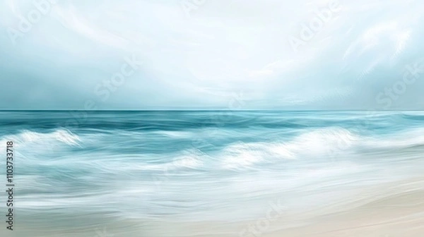 Fototapeta Tranquil beach waves create a serene atmosphere with gentle lapping water, perfect for capturing the essence of relaxation and tranquility. Ample copy space enhances the composition.