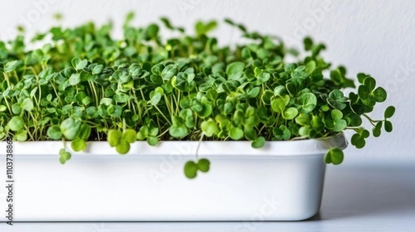 Fototapeta Microgreens thriving in a white container, packed with vitamins and nutrients; ideal for healthy meals. Bright colors and textures of microgreens provide great visual appeal and copy space.