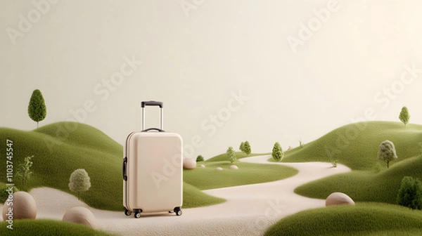 Fototapeta minimalist suitcase placed on winding trail through green hills, evoking sense of adventure and exploration. serene landscape enhances travel theme