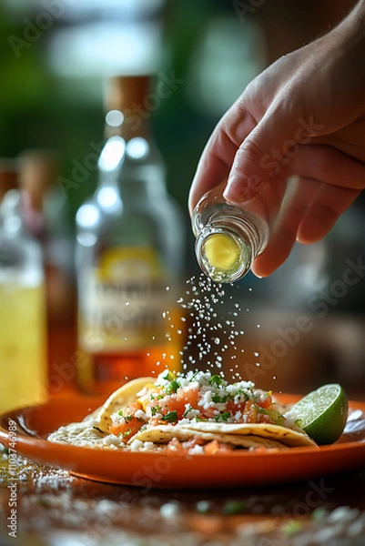 Obraz Squeezing lime juice over delicious tacos garnished with fresh ingredients. vibrant colors and textures create appetizing scene perfect for food lovers