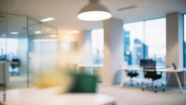 Obraz Blurred modern office space,met room and open workstations that convey professionalism and tranquility.