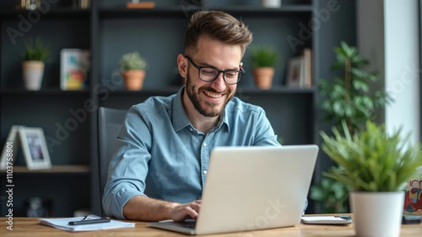 Obraz Smiling businessman using laptop for email, coding, or web development: Productivity and communication in office