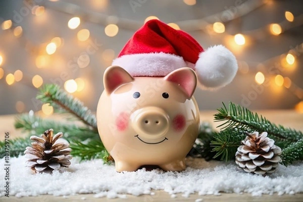 Fototapeta Piggy Bank Dressed in a Christmas Hat Isolated on a White Background, Perfect for Holiday Savings Themes and Financial Planning Concepts
