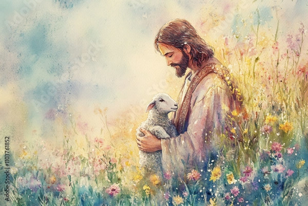 Fototapeta A gentle watercolor painting of Jesus with a lamb in his arms, standing in a field surrounded by wildflowers. Soft pastel tones create an aura of peace and kindness.