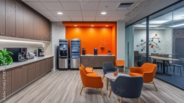 Obraz An office breakroom with a coffee machine and seating area.
