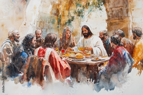 Fototapeta Jesus sharing a meal with the outcasts and sinners, surrounded by a warm and inviting atmosphere. The watercolor uses rich reds, soft yellows, and browns to create a sense of inclusivity, grace, and