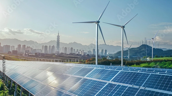 Fototapeta A highly realistic image depicts a renewable energy landscape, featuring solar panels and wind turbines, set against the backdrop of a bustling cityscape