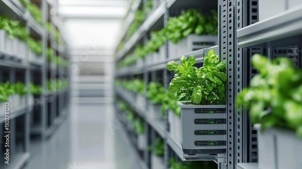 Fototapeta Temperaturecontrolled food warehouse with IoT sensors monitoring stock conditions, IoT temperaturecontrolled warehouse, Smart, precise, automated