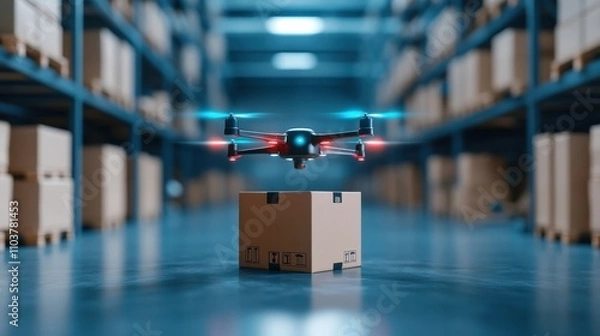 Obraz AI-guided drones delivering packages in a forest-integrated warehouse
