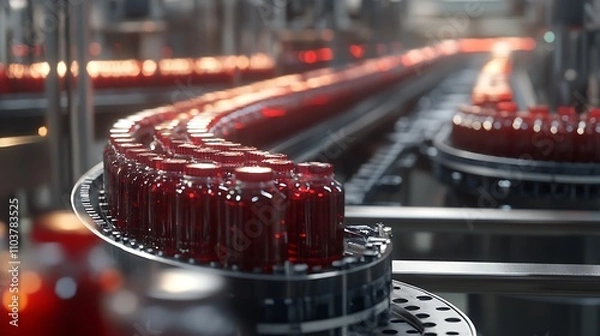 Fototapeta Rows of red bottles move along a conveyor belt in a modern factory setting.