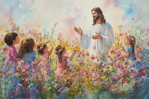 Fototapeta Jesus surrounded by a group of children in a field of flowers, his hands raised in blessing. The watercolor uses soft pinks, blues, and yellows to create an atmosphere of joy, innocence, and divine