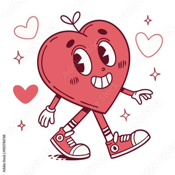 Fototapeta Cute heart character sticker walking with joy surrounded by smaller hearts and sparkles retro groovy style