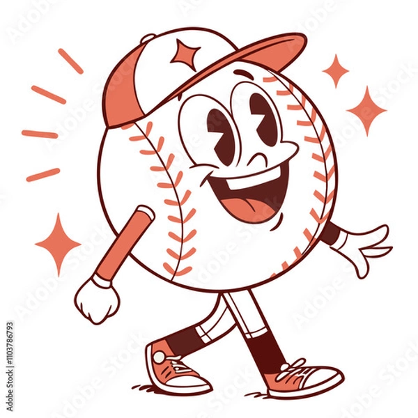 Fototapeta Funny baseball ball cartoon character sticker with a playful expression and cap designed for sports enthusiasts retro groovy style