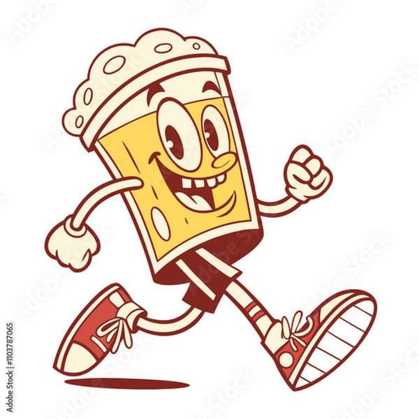 Fototapeta Funny cartoon beer glass patch design featuring a cheerful character running with retro groovy style