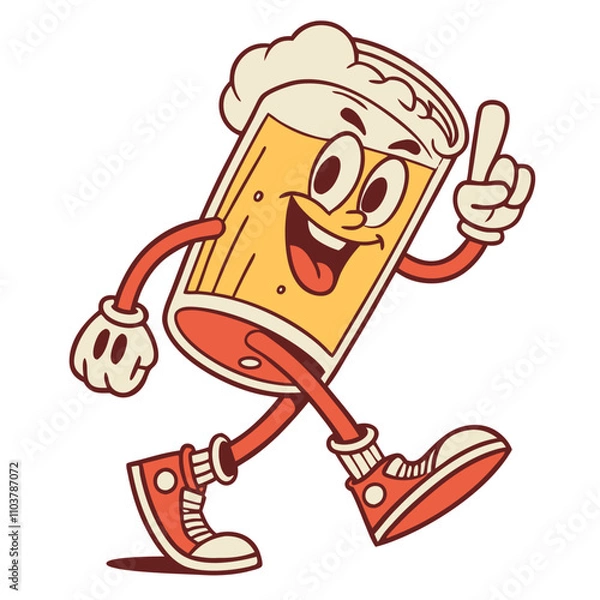 Fototapeta Funny cartoon patch of a beer glass character with a cheerful expression and walking pose retro groovy style