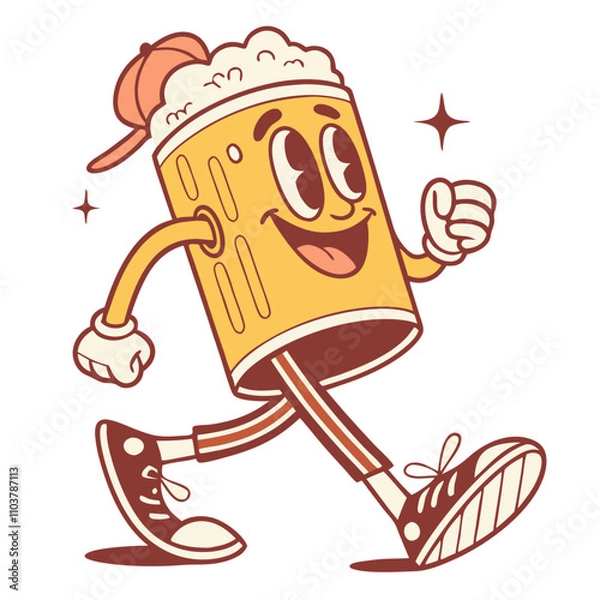Fototapeta Funny cartoon patch of a cheerful beer glass character wearing a cap and sneakers having a great time retro groovy style