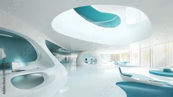 Obraz Futuristic office interior design with sleek white and teal accents.  Modern and minimalist workspace.