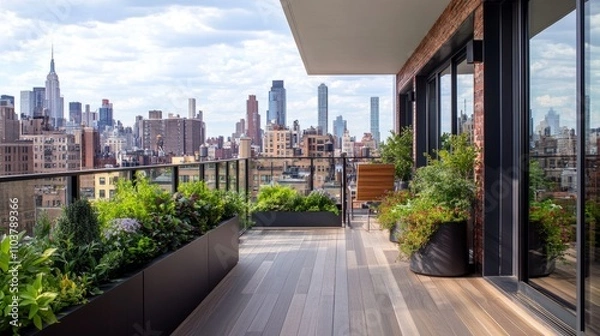 Obraz A modern outdoor balcony with warm wooden flooring, leafy planters, and a clear city skyline backdrop, blending nature and urban design