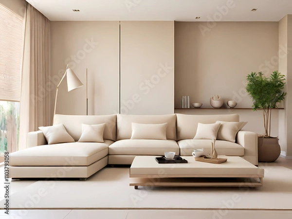 Obraz This image showcases a modern, minimalist living room with a clean and elegant design. The layout features a large, beige sectional sofa adorned with matching beige cushions