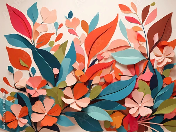 Fototapeta Retro style poster, abstract vector illustration featuring a variety of stylized, colorful leaves and flowers. The layout is dense and overlapping, creating a lively and energetic composition.