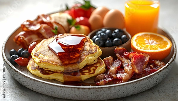 Fototapeta Delicious breakfast platter with pancakes, bacon, eggs, berries, and orange juice.