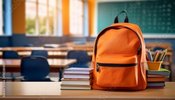 Fototapeta Orange School Backpack with Books on the Table in Blured Class Room Background. Back to School Concept. Banner with Copy Space.