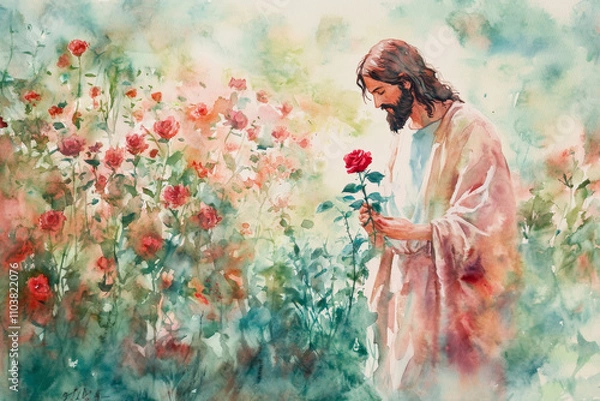 Fototapeta A peaceful watercolor of Jesus walking through a flower garden, holding a rose. The soft pastels of red, green, and pink create an atmosphere of gentle love and renewal.