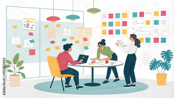 Obraz Team brainstorming in creative office space with colorful notes