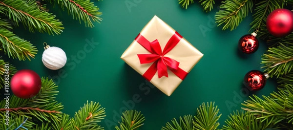 Fototapeta A beautifully wrapped gift sits on a green backdrop surrounded by pine branches and ornaments, evoking the spirit of Christmas perfectly.
