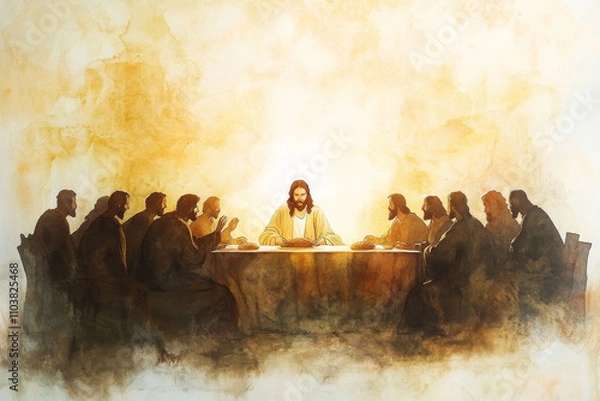 Fototapeta A glowing watercolor of Jesus seated at the Last Supper, breaking bread. The scene features muted browns, soft whites, and warm golden tones to emphasize the sacred moment.