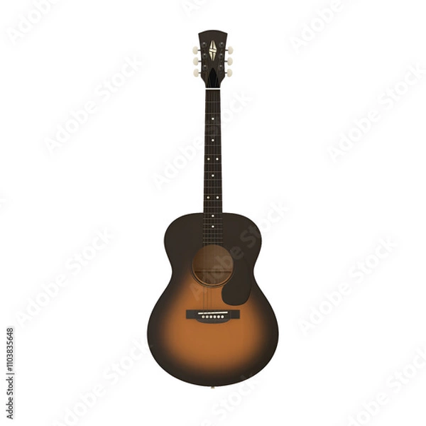 Obraz A classic acoustic guitar with a sunburst finish, designed for music creation and entertainment.