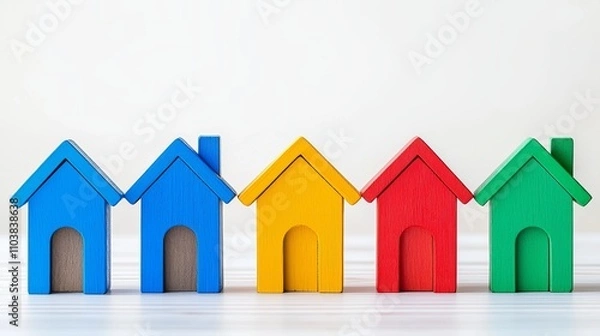 Obraz Real estate insurance creates a domino effect, illustrated by a chain reaction of falling dominos and house models.