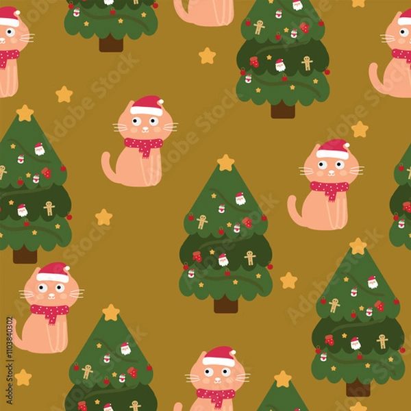 Fototapeta Seamless pattern cartoon cat and tree christmas. cute christmas and winter wallpaper for fabric print, gift wrap paper